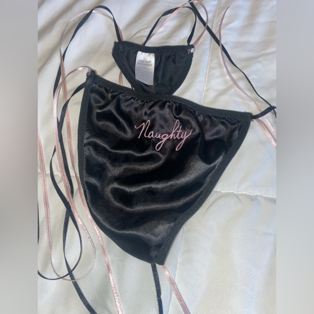 Naughty Black Ribbon ties on The Sides 100 % Polyester Brand New string Panties